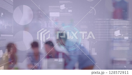 Image of clock, statistics and data processing over business people at meeting 128572911