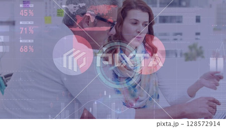 Image of clock, statistics and financial data processing over business people in meeting 128572914