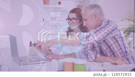 Image of clock, statistics and financial data processing over business people in meeting 128572915