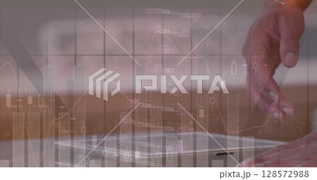 Image of dna strand, statistics and data processing over businessman using tablet 128572988