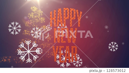 Snowflakes falling over happy new year text banner against shooting star forming a christmas tree 128573012