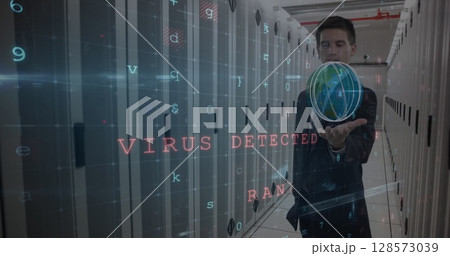 Image of cyber attack warning over caucasian man in server room 128573039