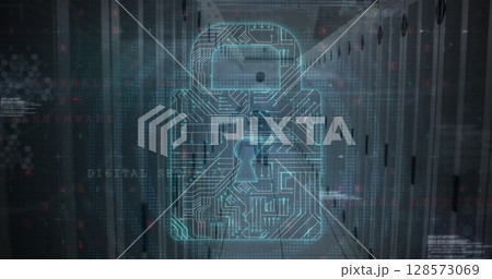 Image of computer files, padlock motherboard, man walking in server room and data processing 128573069