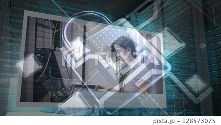 Image of data processing and padlock over server room 128573075