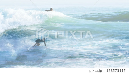 Image of caucasian man surfing over caucasian man surfing and sea 128573115