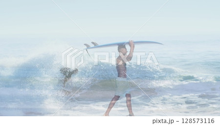 Image of double exposure of surfing people 128573116