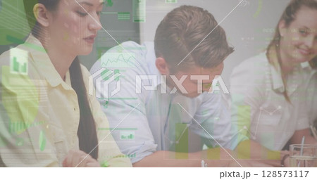 Image of statistics and financial data processing over business people in meeting 128573117
