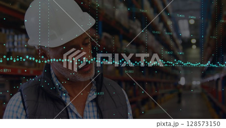 Image of financial data processing over people working in warehouse Image of financial data processing over people working in warehouse 128573150