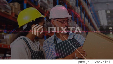 Image of financial data processing over diverse workers in warehouse 128573161