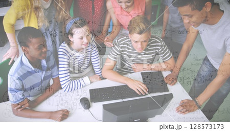 Image of mathematical equations with school children using computer in classroom 128573173