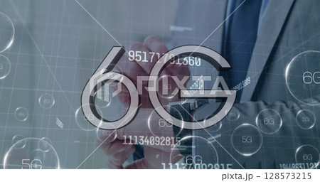 Image of 6g and 5g texts with numbers over caucasian businessman checking smartwatch 128573215