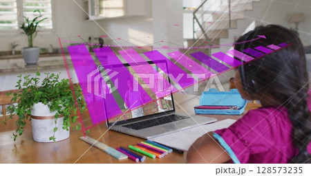 Image of financial data processing over biracial schoolgirl Image of financial data processing over biracial schoolgirl 128573235