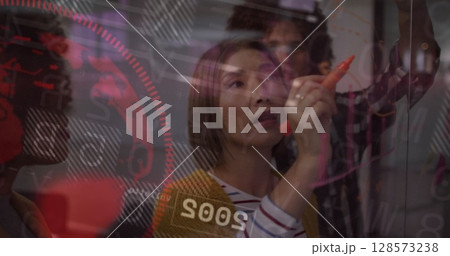 Image of financial data processing and globe over diverse business people Image of financial data processing and globe over diverse business people 128573238