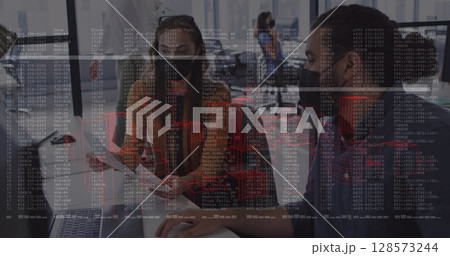 Image of financial data processing over diverse business people wearing face masks 128573244