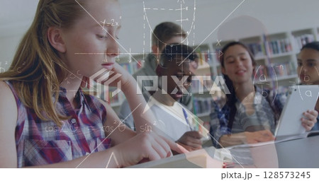 Image of mathematical equations over school children using tablet in classroom 128573245