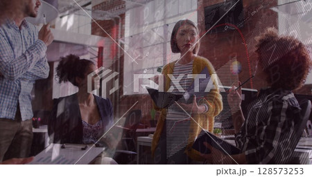 Image of financial data processing over diverse business people in office 128573253