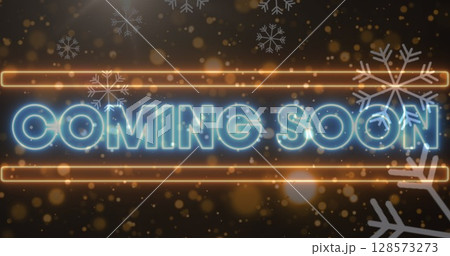 Image of coming soon text over snow falling at christmas 128573273