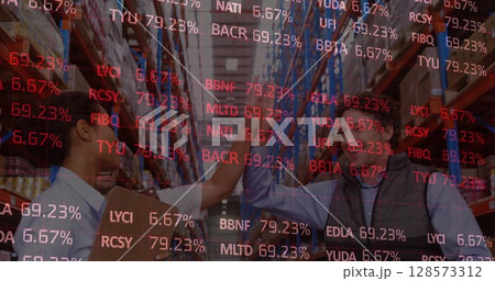 Image of stock market over diverse business people in warehouse 128573312