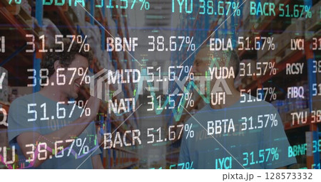 Image of stock market over diverse volunteers in warehouse Image of stock market over diverse volunteers in warehouse 128573332