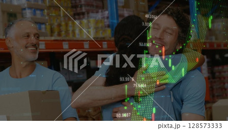 Image of statistics and data processing over happy diverse colleagues embracing in warehouse 128573333