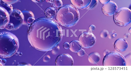 translucent bubbles or spheres of varying sizes against a gradient purple to pink background. The bubbles exhibit iridescent qualities, reflecting light, ideal for scientific or cosmetic themes. 128573451