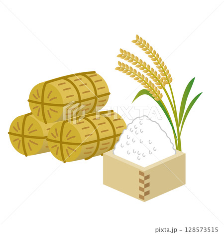 升に入った米と稲と米俵　イラスト 128573515