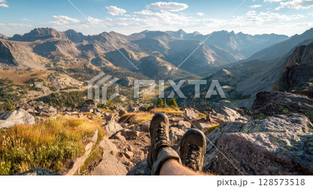 Experience awe-inspiring beauty of nature from unique perspective. This image captures the rugged grandeur of mountain range, offering serene escape, sense of accomplishment for adventurous spirit 128573518
