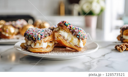 Ice cream sandwiches, featuring crisp, buttery puff pastry embracing creamy vanilla ice cream, generously topped with luscious chocolate and vibrant sprinkles. A perfect blend of textures and flavors Ice cream sandwiches, featuring crisp, buttery puff pastry embracing creamy vanilla ice cream, generously topped with luscious chocolate and vibrant sprinkles. A perfect blend of textures and flavors 128573521