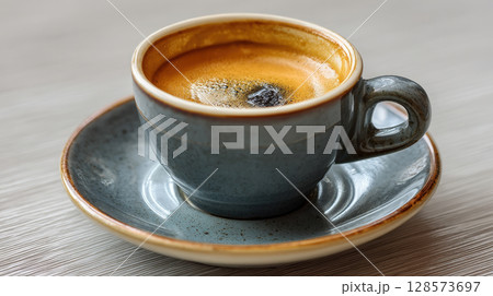 A close-up shot of a dark, robust espresso, crowned with a beautiful golden crema, served in an elegant ceramic cup on a matching saucer. Concept of coffee culture, morning rituals, gourmet beverages 128573697
