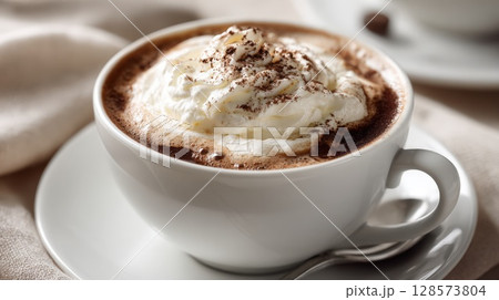 Mug of rich hot chocolate, generously topped with fluffy whipped cream, delicate dusting of cocoa powder. Concept of cozy comfort, sweet indulgence, and warm beverage enjoyment. 128573804