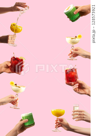 Collage of vibrant cocktails with hands on pink backdrop Collage of vibrant cocktails with hands on pink backdrop 128573921