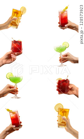 Collage of cocktails and hands with citrus and berry garnish on white background 128573923