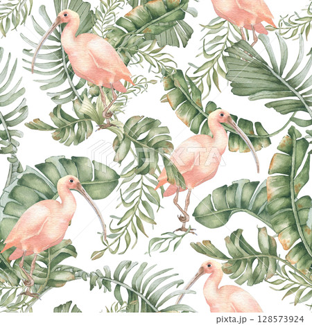 Seamless tropical watercolor pattern isolated on white. Pink ibis in lush palm fronds and leaves in soft tones hand painted. Exotic birds and foliage repeated jungle background for wallpaper, textile. 128573924