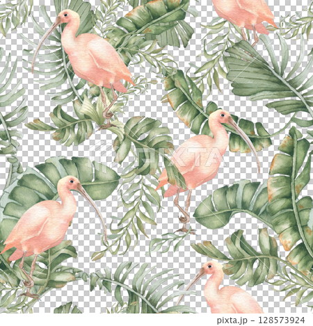 Seamless tropical watercolor pattern isolated on white. Pink ibis in lush palm fronds and leaves in soft tones hand painted. Exotic birds and foliage repeated jungle background for wallpaper, textile. 128573924