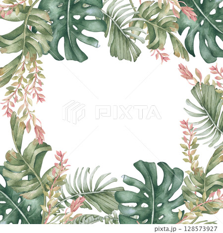 Watercolor frame of tropical foliage isolated on white. Monstera, palm fronds, jungle plants on border hand drawn. Tropical leaves in pink and soft green colors for packaging, boho wedding design. Watercolor frame of tropical foliage isolated on white. Monstera, palm fronds, jungle plants on border hand drawn. Tropical leaves in pink and soft green colors for packaging, boho wedding design. 128573927