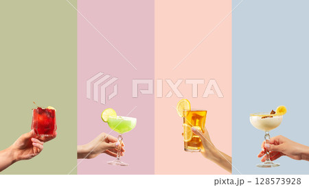 Collage of colorful cocktails held by hands on pastel vertical panels 128573928