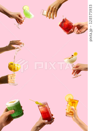Collage of various hands holding vibrant drinks with bright colors on pink background Collage of various hands holding vibrant drinks with bright colors on pink background 128573933
