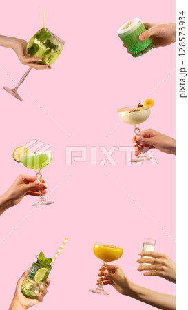 Collage of various hands holding colorful summer cocktails against pastel pink background 128573934