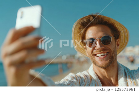 A stylish man in a straw hat and sunglasses smiles broadly, taking a selfie on a sunny beach, showcasing a happy, relaxed, and carefree vacation lifestyle. Perfect for travel and summer themes 128573961