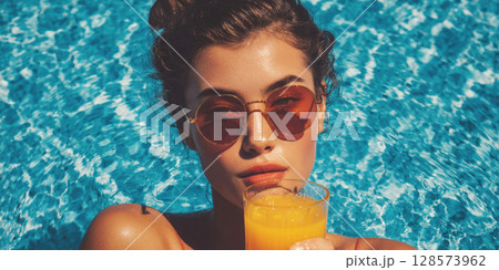 A beautiful woman in stylish swimwear and sunglasses relaxes by a vibrant blue swimming pool, holding a refreshing cocktail, embodying luxury, leisure, and a perfect summer day 128573962