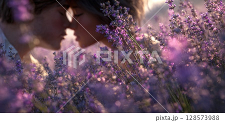 Tender moment between two Asian lovers in a sun-kissed lavender field. Dreamy, romantic, and serene, perfect for themes of love, nature, and tranquility 128573988