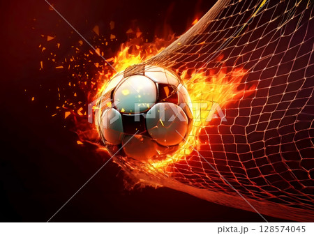 ゴールネットに突き刺さる燃えるサッカーボールの3dイラスト 128574045