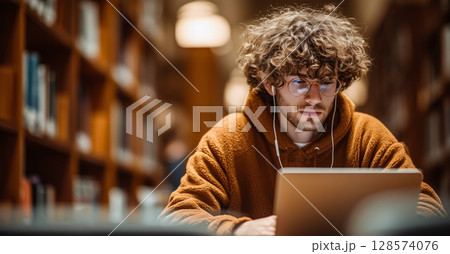 Young Man Focused on Studying While Listening to Music in a Library With Wooden Shelves and Ambient Lighting 128574076