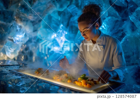 Culinary Artist Prepares Innovative Dishes in a Unique Ice-Themed Setting With Vibrant Blue Lighting Culinary Artist Prepares Innovative Dishes in a Unique Ice-Themed Setting With Vibrant Blue Lighting 128574087