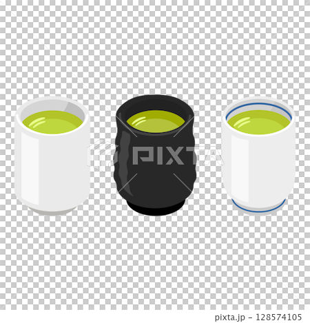 Japanese style teacup 3-piece set (with white, black and blue lines) flat isometric illustration 128574105