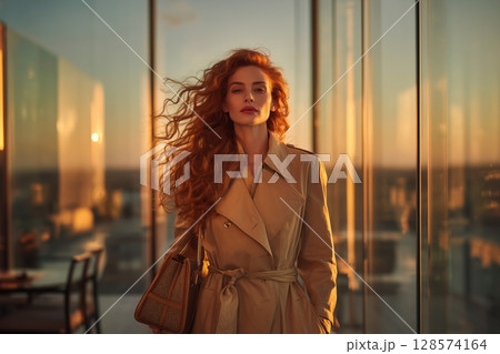 Woman With Wavy Hair Wearing a Trench Coat Walks Confidently in a Modern High-Rise During Sunset 128574164