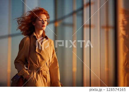 Woman With Flowing Red Hair Walks Confidently Along Glass-Walled Building During Sunset 128574165