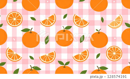 Seamless pattern with a fresh collection of healthy fruit illustrations: orange, apple, lemon, cherry, pear, strawberry, banana, pineapple 128574191