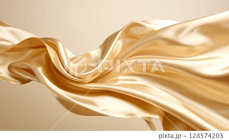 Golden silk and satin fabrics flow with smooth, soft textures, creating a luxurious and elegant background design Golden silk and satin fabrics flow with smooth, soft textures, creating a luxurious and elegant background design 128574203