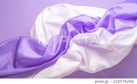 Luxurious rippled purple silk satin fabric with a soft, smooth texture creating elegant drapes and curves, perfect for fashion or decorative backdrops Luxurious rippled purple silk satin fabric with a soft, smooth texture creating elegant drapes and curves, perfect for fashion or decorative backdrops 128574208